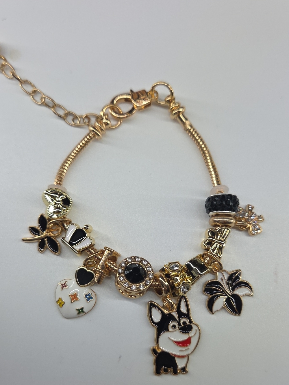 Gold-Tone Black & White Charm Bracelet with Dog Pendant. W/extender Chain